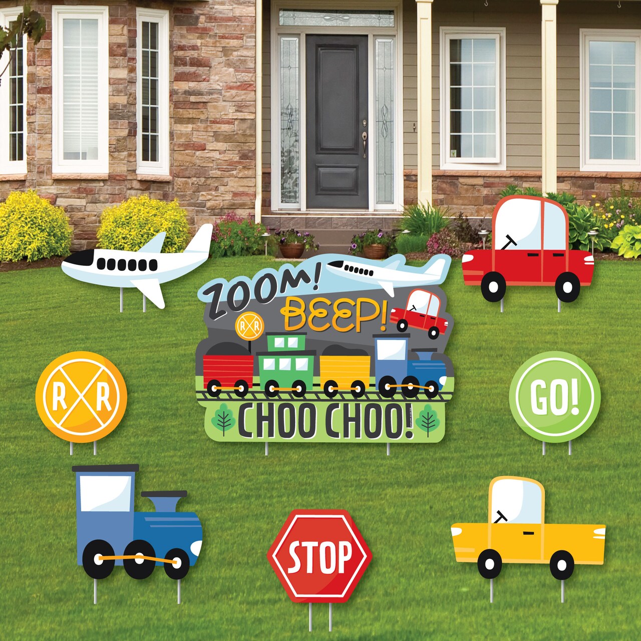 Big Dot of Happiness Cars, Trains, and Airplanes - Yard Sign and Outdoor Lawn Decorations - Transportation Birthday Party Yard Signs - Set of 8